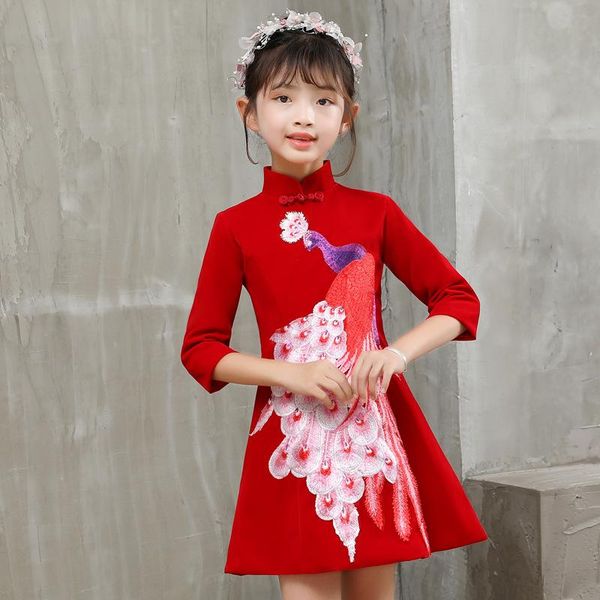 

cute flower girls dresses kids embroider cheongsam baby elegant clothes traditional chinese year ethnic clothing, Red