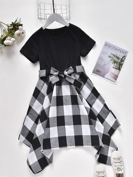 

girls buffalo plaid print hanky hem belted dress she, Red;yellow