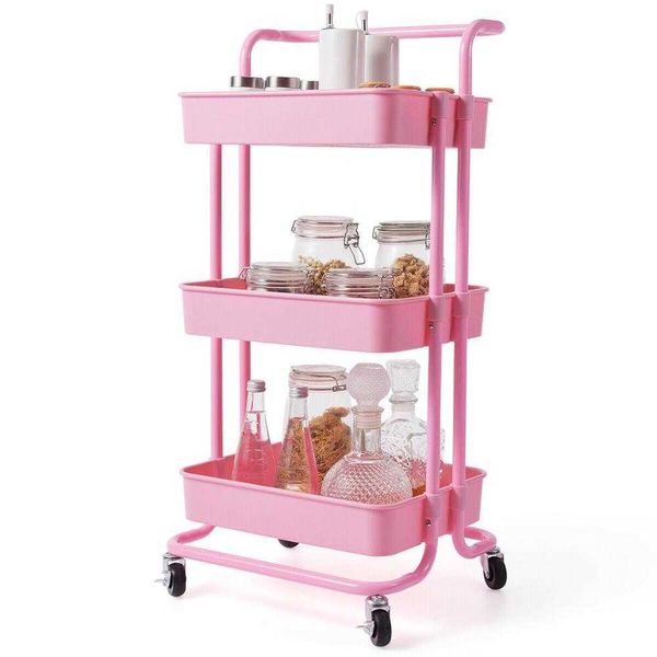 Carrello a 3 ripiani con rotelle Maniglia pratica Organizer per cestello portaoggetti in ABS Rosa 210705