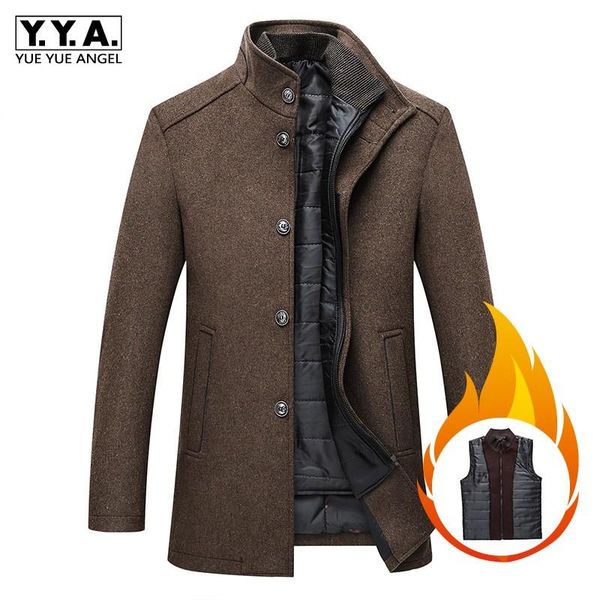 

mens wool blends business casual coat stand collar thick with vest liner warm jacket man slim single breasted outwear overcoat men's &, Black