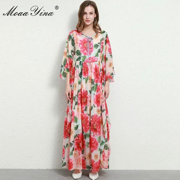 

fashion designer dress summer women's dress batwing sleeve camellia floral print bohemia vacation chiffon maxi dresses 210524, Black;gray