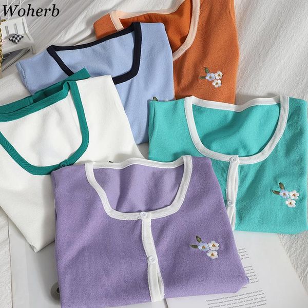 

women's knits & tees woherb 2021 summer thin short sleeve knitted cardigan floral embroidery women knitwear sweater korean elegant lad, White