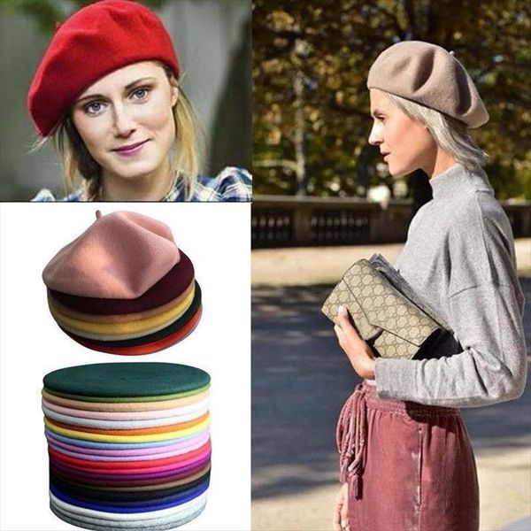 

women girl beret french artist warm wool winter beanie hat cap vintage plain hats solid color elegant lady caps, Blue;gray