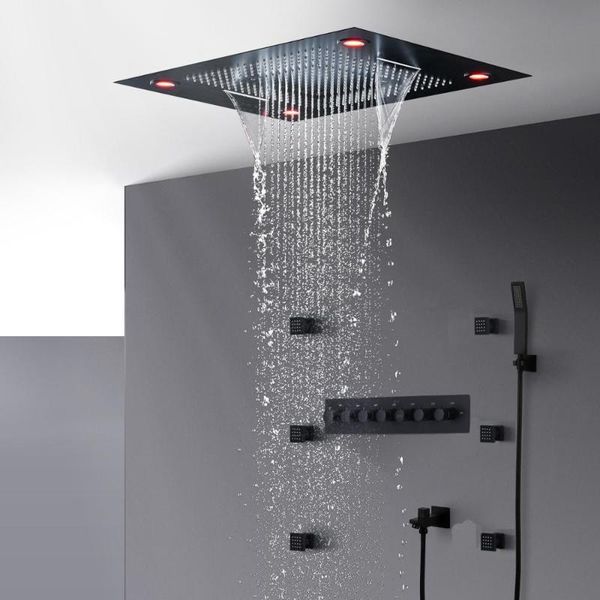 

600*800mm big shower waterfall rainfall bathroom faucet brass luxury thermostatic complete set led light sets