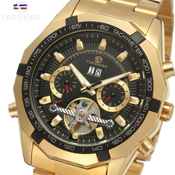 

forsining golden stainless steel mens choose calendar display tourbillion design business watch automatic wristwatches, Slivery;brown