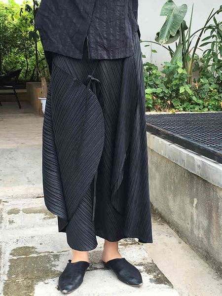 

skirt miyake fold fashion pleated solid lacing irregular skirt, Black