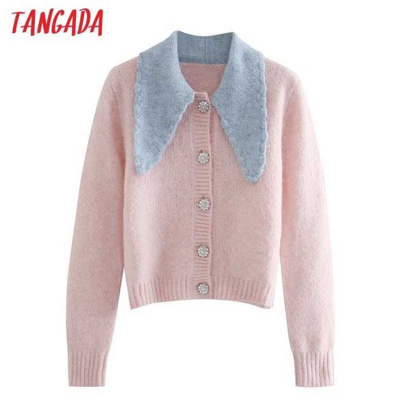 Tangada Mulheres Rosa Beading Botões Malha Cardigan Camisola Jumper Vintage Feminino Peter Pan Collar Outerwear 3H152 210609