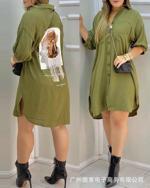 

casual dresses 2021 women fashion pattern printing long sleeve green shirt dress, Black;gray
