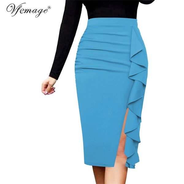 

vfemage women elegant ruched ruffles high waist lace solid zipper slit slim work office business party bodycon pencil skirt 1007 210412, Black