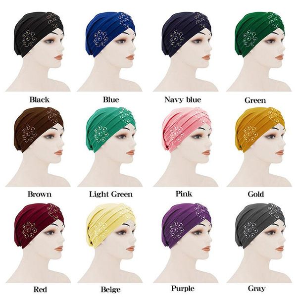 

women girl solid color elastic cap turban rhinestone hat beanie soft head wrap headwear fashion accessories, Blue;gray