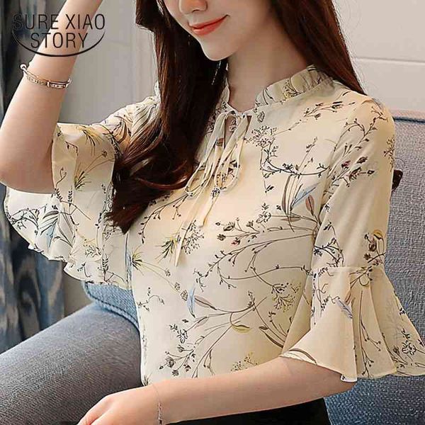 

blusas mujer de moda chiffon plus size womens and blouses floral feminine clothes short sleeve women shirt 1724 50 210527, White