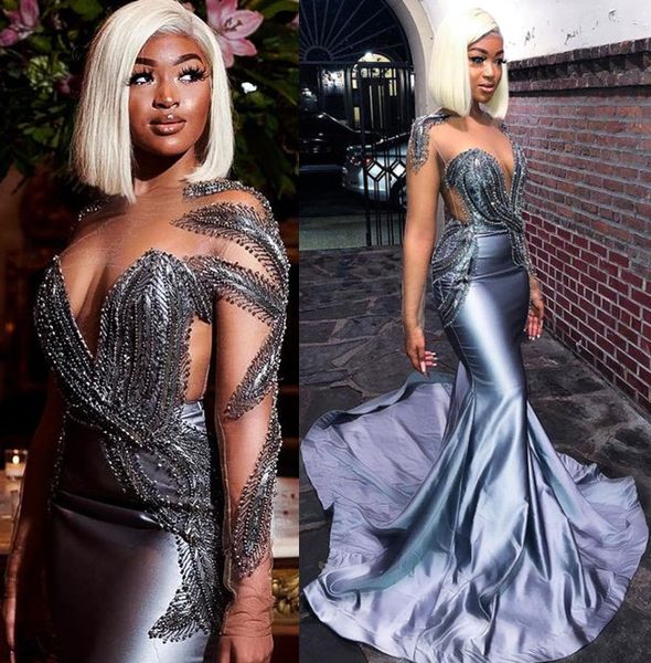 

aso ebi 2021 arabic grey luxurious mermaid prom dresses beaded sheer neck evening formal party second reception gowns dress zj475, Black