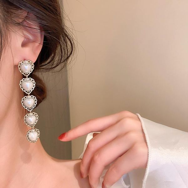 

stud design pearl long heart tassel earrings, Golden;silver