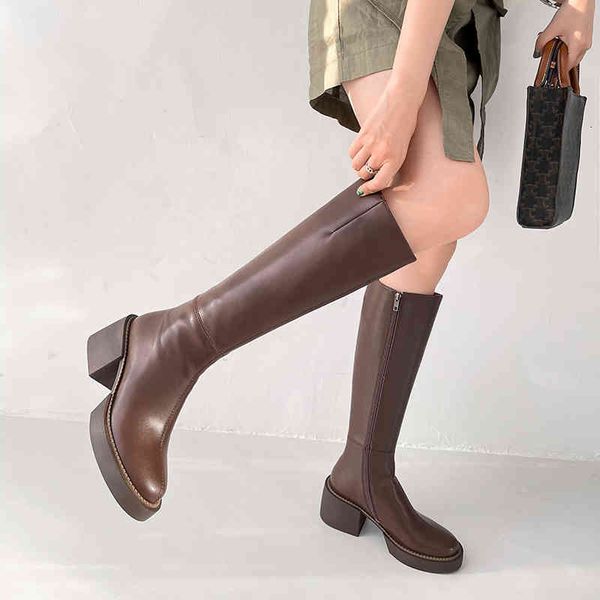 

boots women's fashionable leather boots, high boots for women, autumn and winter, round bill, thick heels, women's shoes, zipper p, Black