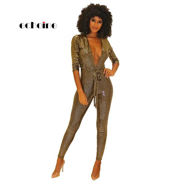 

women's jumpsuits & rompers bodycon women bandage slim long sleeve v-neck bright bronzing fabric night club pencil pants womens, Black;white