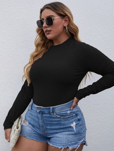 

plus solid ribbed knit bodysuit r3bg#, Black