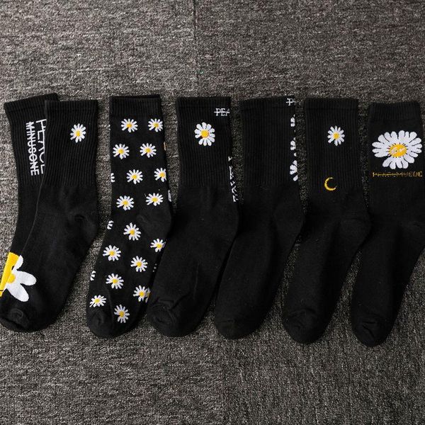 

socks & hosiery 3 pairs korean style women peace letter men high tube gd daisy flower black streetwear hip hop long, Black;white