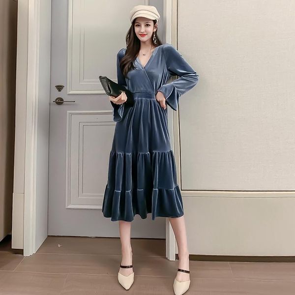 

casual dresses 2021 the winter women pleated dress long sleeve v-neck vintage fashion elegant korean party ladies maxi clothes, Black;gray