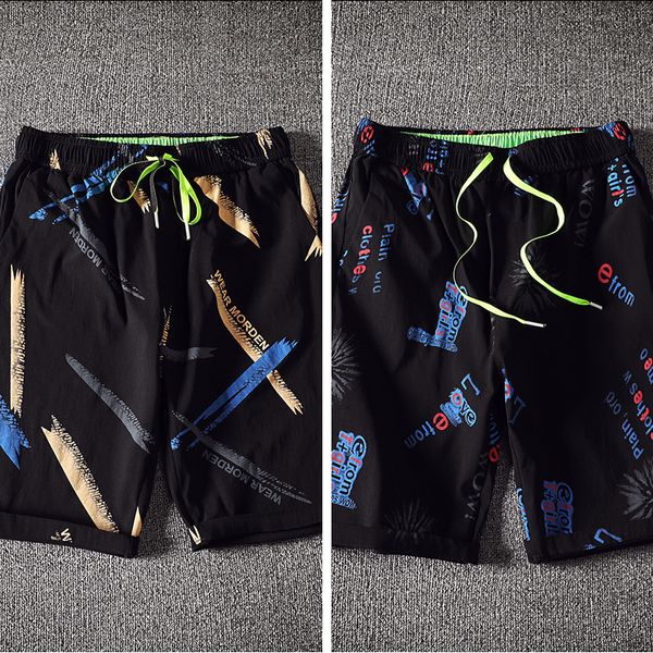 

a 163 summer five minutes of pants men loose handsome popular logo trend seven 6 beach pants male flower shorts trousers slacks, Blue