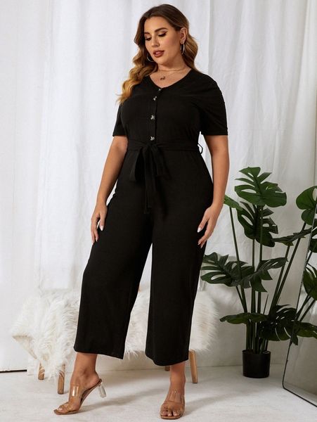 

plus half button belted jumpsuit p4yr#, Black