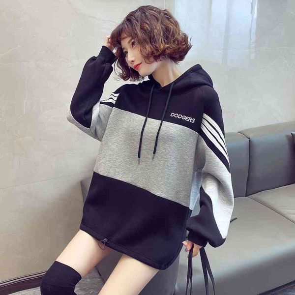 

taojing 7603# mid length shrunk waist thickened stitching contrast color hoodie women's fashion, Black