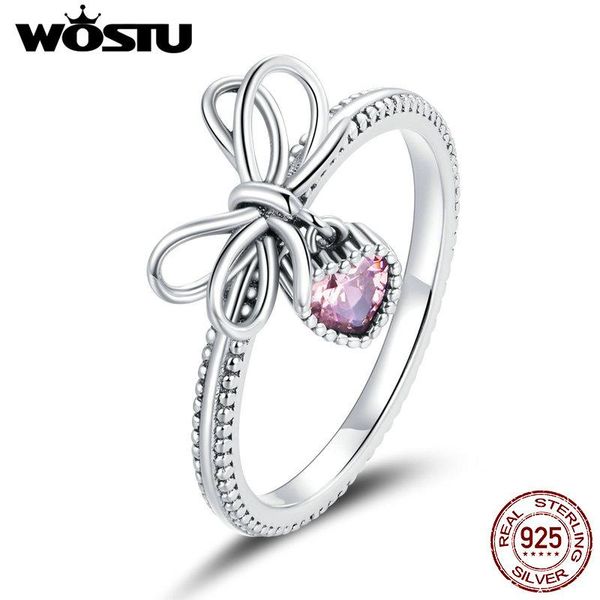 

cluster rings wostu bowknot ring 100% original 925 sterling silver pink heart bow fingers for women wedding gift jewelry cqr682, Golden;silver
