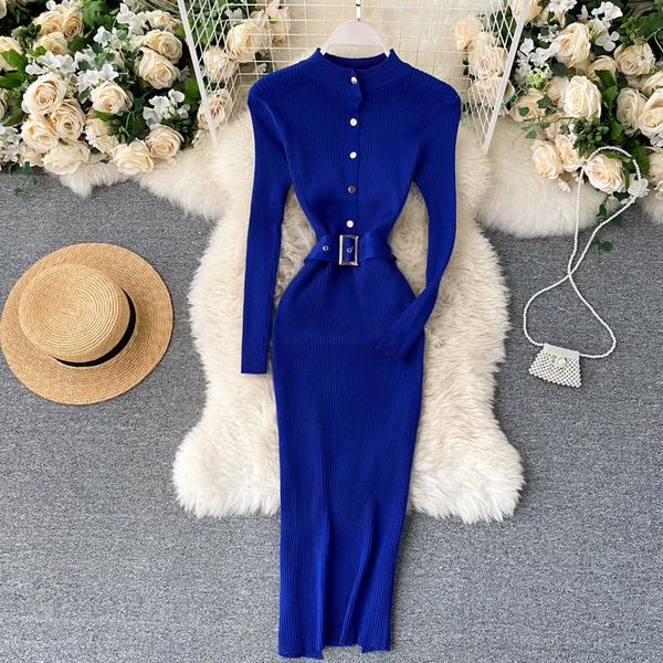 

casual dresses zqlz knitted pencil women autumn winter 2021 dresss tand collar button long sleeve slim dress streetwear bodycon sweater, Black;gray