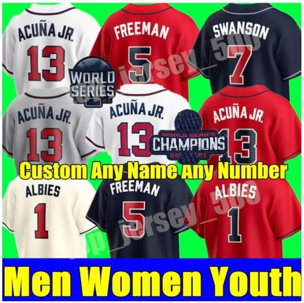 

2021 world series champion men women youth baseball jerseys 13 ronald acuna jr. marcell ozuna freddie an dansby swanson bravee deion sa, Blue;black