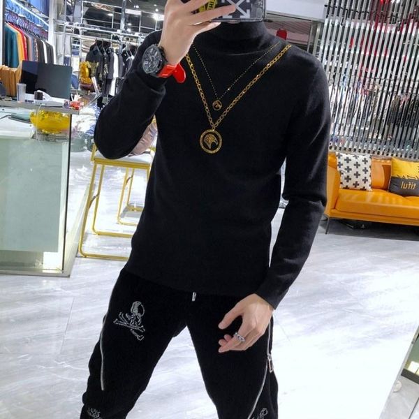 

men's sweaters autumn 2022 winter mens pullover turtleneck sweater diamonds slim fit long sleeve knitted men fashion black casual, White;black
