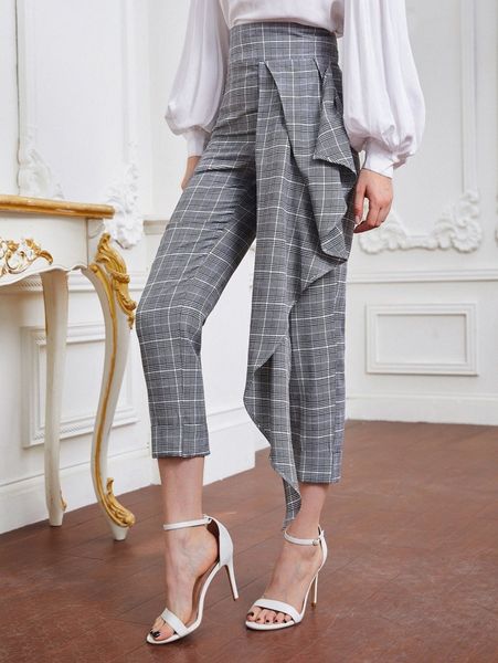 

plaid print side draped pants j4ci#, Black;white