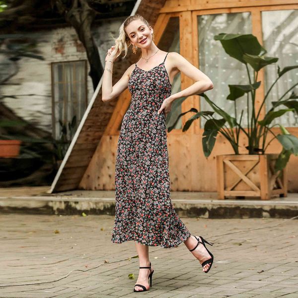

summer vintage floral spaghetti strap sleeveless swing dress woman a-line v-neck backless black casual loose streetwear 210414, Black;gray