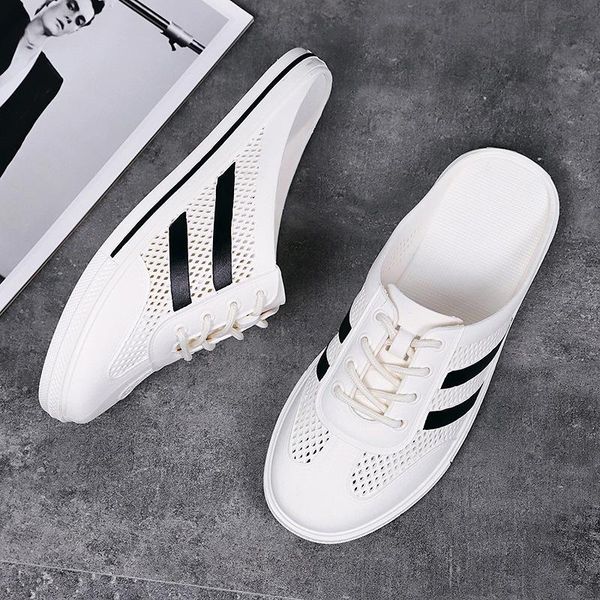 

summer couple half slippers outer penetrating air toe cap hollow female sandals breathable white shoes, Black
