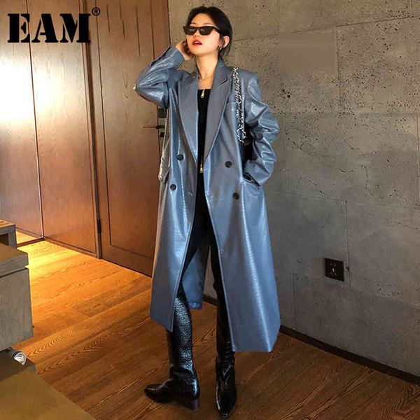 

[eam] women blue pu leather big size long trench lapel long sleeve loose fit windbreaker fashion spring autumn 1dd6445 21512, Tan;black