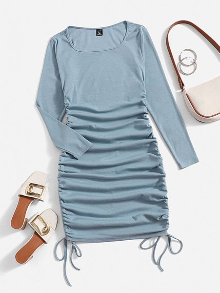 

plus drawstring side ribbed knit dress k6fr#, Black