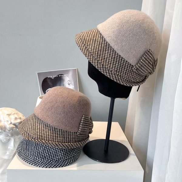 

wide brim hats 202108-shi autumn winter japan style warm plaid bowknot lady bucket cap women leisure hat, Blue;gray