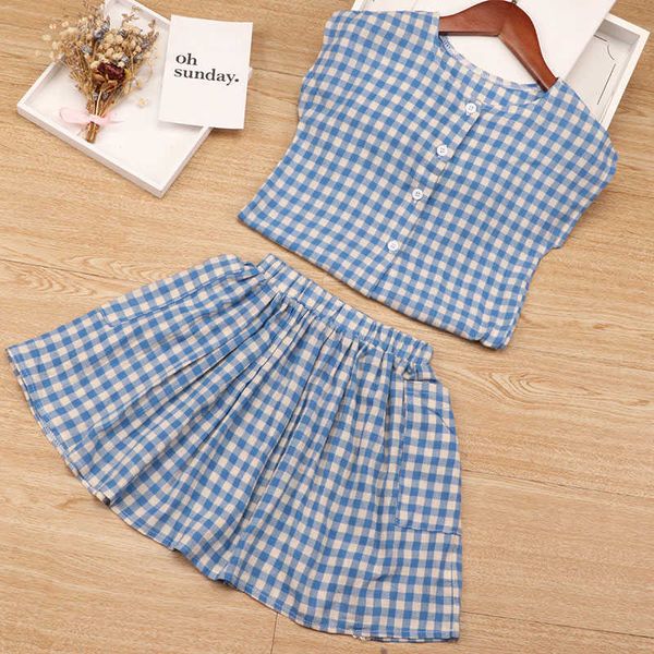 

girls sets spring summer plaid children sleeveless blouse shirt + skirt 2pcs kids suit fashion 3-7t children clothes 210715, White