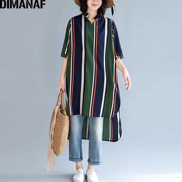 

plus size women blouse shirts chiffon summer lady tunic basic v-neck female clothes loose casual print striped 210531, White