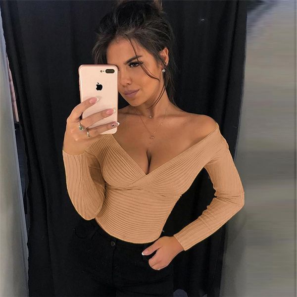 

2021 new long sleeve cotton v-neck crop autumn winter women fashion solid christmas party t-shirts, White