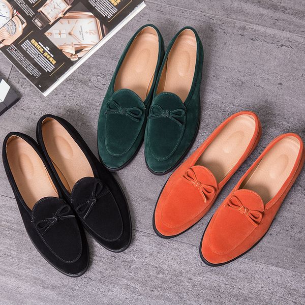 

green semi-formal faux suede british men dress loafers knot pointy men flats elegant wedding party shoes 38-47 size, Black
