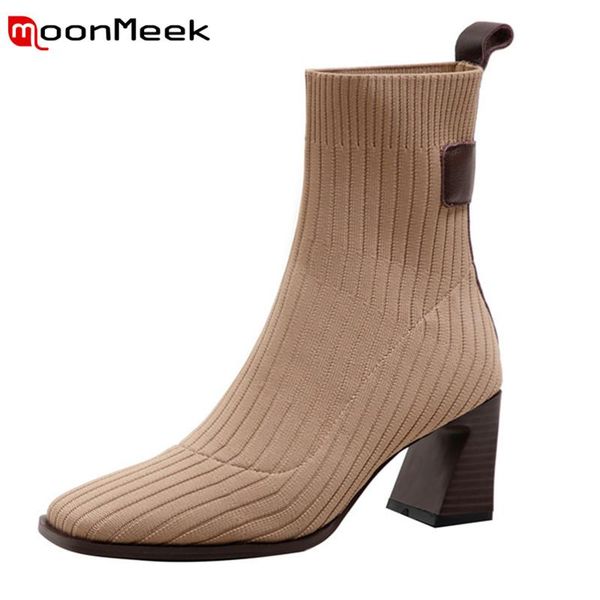 

boots moonmeek 2021 arrive high heels women ankle square toe autumn winter knitting stretch shoes black