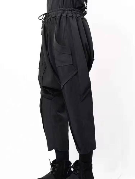 

men's pants casual yamamoto's pants, lace up capri harem low crotch, dark, with a lot of hairline, Black