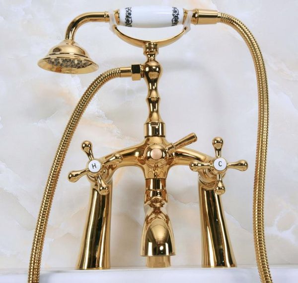 

polished gold color brass deck mounted clawfoot bathroom tub faucet dual cross handles telephone style hand shower head ana144 sets