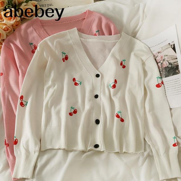 

women's knits & tees korean v-neck long sleeve knitted cardigan cherry embroidery single breasted loose short sweater 2021 spring autum, White