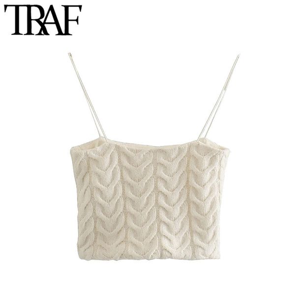

traf women fashion cable-knit cropped knit tank vintage with lining thin straps female camis mujer 210415, White