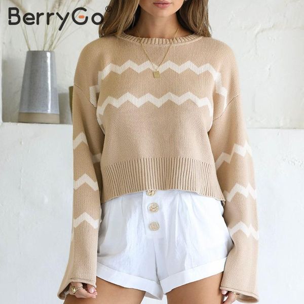 

berrygo casual o-neck pullover sweater women autumn winter flare sleeve female stripe print ladies jumper 210513, White;black