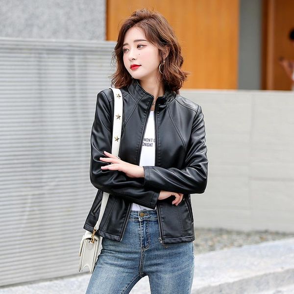 

women's moto biker zipper jacket short slim pockets stand and turn down collar black green fashion leather jackets 2021 & faux