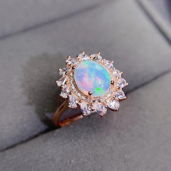 

cluster rings fashion grace round sun flower natural gem stone ring 7*9mm multicolor opal s925 silver women's girl party jewelry, Golden;silver