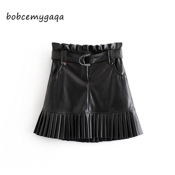 

skirts pu leather mini pleated with belt autumn winter women high waist black streetwear party a-line skater