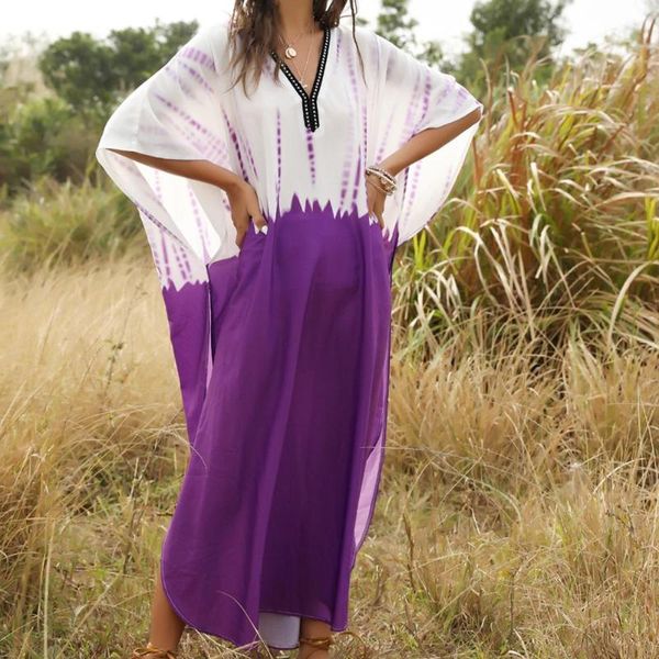 

casual dresses summer maxi caftan dress v neck women beach wear bikini cover-up long colorblocking swimming cover up, Black;gray