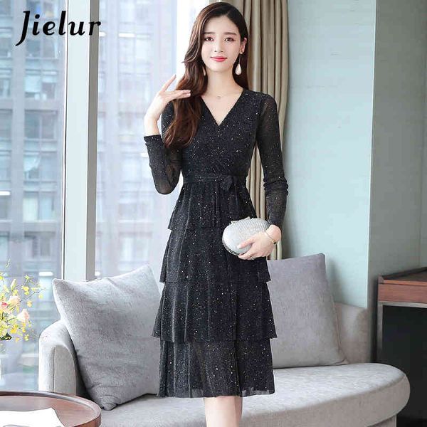 

jielur autumn winter women dress black elegant high waist cake dresses long sleeve chic vestidos v-neck robe femme dress 210412, Black;gray